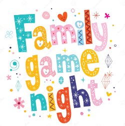 Colorful words family game night on a glittery background 